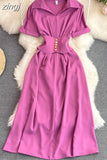 Vintage Women Midi Dress Elegant Pink/Orange/Green Polo Collar Short Sleeve High Waist A-Line Vestidos Female New