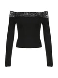 Lace Splice Off Shoulder Long Sleeve Tee-Outfit