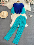 Vintage Women Draped Two Piece Set Blue/Red/Yellow Patchwork O-Neck Short Tops + High Waist Pleated Pant Suits Female