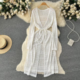 Zingj Spring And Summer Leisure Cardigan Dress Female Feeling Hollow Out Travel Vacation Wind Open Fork Long Shawl