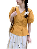 Explosion In Korean Version Of The Slanted Buckle V-Neck Short-Sleeved Shirt Women's Art Retro Princess Sleeve Loose Thin