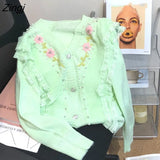 Floral Embroidery Knittsd Cardigan Women Autumn Sweet Fashion Sweater Coat Korean Preppy Style Lolita Lace Sweater