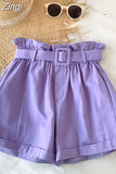 Summer Elegant High Waist Shorts Women Casual Solid Wide Leg Loose Cotton Short Pants With Belt Korean Sweet