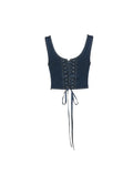 Blue Denim Tank Top for Women Sleeveless Off Shoulder Y2k Bandage Lace Up Crop Tops Vintage Korean Fashion T-shirts
