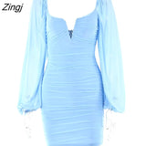 Backless Pleated Dress Women New Year 2023 Elegant Casual Solid Double Layer Mesh Mini Evening Dresses Female