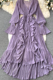 Chiffon Pleated Long Dress Women Vintage V-Neck Flare Sleeve Draped Ruffle Vestido Female Maxi Robe Spring