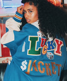 Lucky Embroidery Varsity Jacket-Outfit