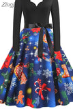 Women Dress Long Sleeve Elegant Vinatge Christmas Party Sundress Winter V Neck New Year Costume Clothing
