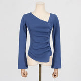 2025 Autumn New Temperament Folding Irregular Oblique Shoulder Design Long-Sleeved Knitted Top