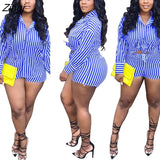 Fashion Sporting Women set Striped Print Button Shirt Top Skinny Shorts Suit Two Piece Set Elegant