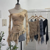 Personality Tie-Dye-Print Oblique Shoulder Dress Repair Irregular Lotus Horn Long-Sleeved Mesh T-Shirt