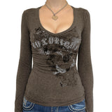 Old Letter Print Knitting V-Neck T-Shirt For Women's New Knitted Long-Sleeved