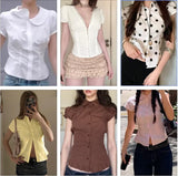 And Summer Basic Solid Color Dark V Buckle T-Shirt Top Bow Texture Texture To Close The Waist Design Spice Girls Shirt