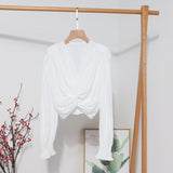2022 Sexy Niche Cross-Kinny Wrinkles V-Neck Pad Shoulder Long Sleeve Shirt Short High-Waist Bubble Sleeve