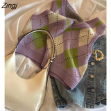 Vests Women Knitting Korean Style New Girlish Streetwear V-neck Argyle College Version Retro All-match Daily Chic