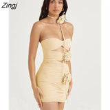 Sexy Strapless Flower Mesh Women Dress Apricot Hollow Out Ruched Summer Dresses Woman 2023 Elegant Party Club