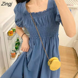 Women Summer Stretch Pure Blue Elegant Puff Sleeve Square Collar Kawaii Ulzzang Womens Long Womens Dress Daily