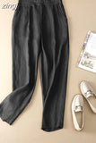 Summer Breathable Pants Large Size Loose Harem Ankle-Length Pants Cotton Linen Casual Pocket Black Elastic High Waist