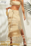 Women Swimming Cover-up Skirt Set Summer Knit Beach Outfits Hollowed Tassel Long Skirt with Tube Top Skirt Two Piece