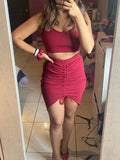 Summer Women 2pcs Set Black/Red Vintage Round Neck Knitted Short Tops + Drawstring Bodycon Skirt Female Two Piece Set