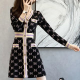 Maxi Dresses for Women Long Sleeved V-Neck Print Knitted Woman Dress Lingge French Style Female Sweater Autumn 2023