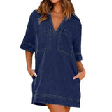 Years Of New Women's Style Collar Short Sleeves Loose Denim Dress