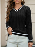 Women's Temperament V-Neck Long-Sleeved Sweater Fashion Jersey Thread White-Bordered Cuffs Knitted