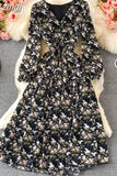 Autumn Women Floral Chiffon Midi Dress Vintage V-Neck Flare Long Sleeve High Waist A-Line Vestidos Female New