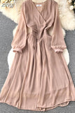 Vintage Women Dress Elegant Orange/Red/Yellow V-Neck Lantern Sleeve High Waist Slim A-Line Vestidos Female New