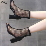 Summer New Fashion Mesh/mesh Fish Mouth Short Tube High Heels Hollow Women's Breathable Riding Boots Thick Heel