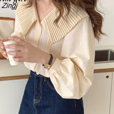 Blouses Women Korean Style Long Sleeves Shirts Elegant Vintage Peter Pan Collar Tops All-match Streetwear Female