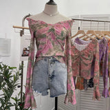 Print V-Neck Horn Sleeve Top Wooden Ear Lace With Short-Sleeved Long-Sleeved T-Shirt