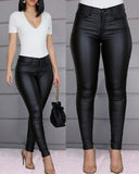 Women's Pants Solid Color PU Leather Pants Sexy Small Foot Pants Spicy Trousers High Waist