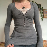 Patchwork Lace Buttoned Long Sleeve TeeOutfit