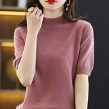 Zingj And Summer Loose And Versatile Wool Knit Short Sleeve Women Plus-Size Round-Neck Solid Color Bottom Knit T-Shirt Thin-Outfit