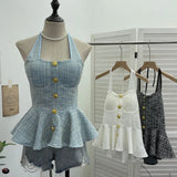 Fragrant Wind Coarse Flowers Hanging Neck Sling Vest With Chest Cushions Waist Skirts With Sleeveless Top