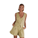 Zingj Spring / Summer 2024 Casual Fashion Single Breasted Vest V-Neck Shorts Suit Women