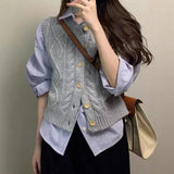 New Temperament Gentle Retro Wool Knitted Vest Women Autumn New Gray Wooden Buckle Sleeveless