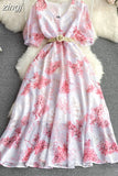 Women Printed Chiffon Dress Elegant V-Neck Short Puff Sleeve High Waist A-Line Vintage Vestidos With Sashes New