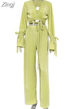 Women Ruched Suits Loose Bandage Blouses Tie-up Shirts Tops Matching Set Wide Leg Patns Trousers Elegant 2