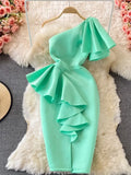 Off Shoulder Party Dress Women Summer Diagonal High Waist Irregular Ruffle Bodycon Vestidos Female Casual Red/Pink Robe