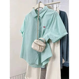Embroidered Blue Short Sleeve Shirt Women's Easier Summer 2025 New Design Sense Small Shirt Casual
