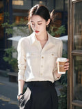 Light Luxury Polo Collar Long-Sleeved White Shirt Lady Design Spring And Autumn Unique Special Beautiful Shirt