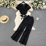 Zingj Socialite Style Suit Female Summer Lace Embroidery Hollow Out V Neck Tied Waist Short Shirt Jacket Wide Leg Slim