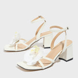 Sales Women's Shoes Orchid Head Coarse And Stone-Print White Fabric High Heel Sandals Coarse Heel High