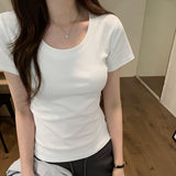 Short Threaded Shoulder Slim Short-Sleeved T-Shirt Women's New Solid Color Summer Casual Round Collar