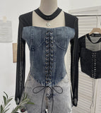 Sexy Hollow Hanging Neck Cowboy Splicing Mesh Strap With Irregular Long-Sleeved T-Shirt Short Top