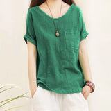Loose Cotton Linen Blouse M-4XL Women 2023Summer Shirts Casual Short Sleeve O Neck Solid Shirt Lady Basic Tops New