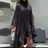Zingj 2023 New Palace Style Pure Color Vertical Collar Pleated Hem Shirt Short Skirt-Outfit