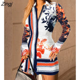 Spring Autumn Women Fashion Elegant Sexy Buttoned Design Floral Print Shirt Dress Casual Long Sleeve Turn-down